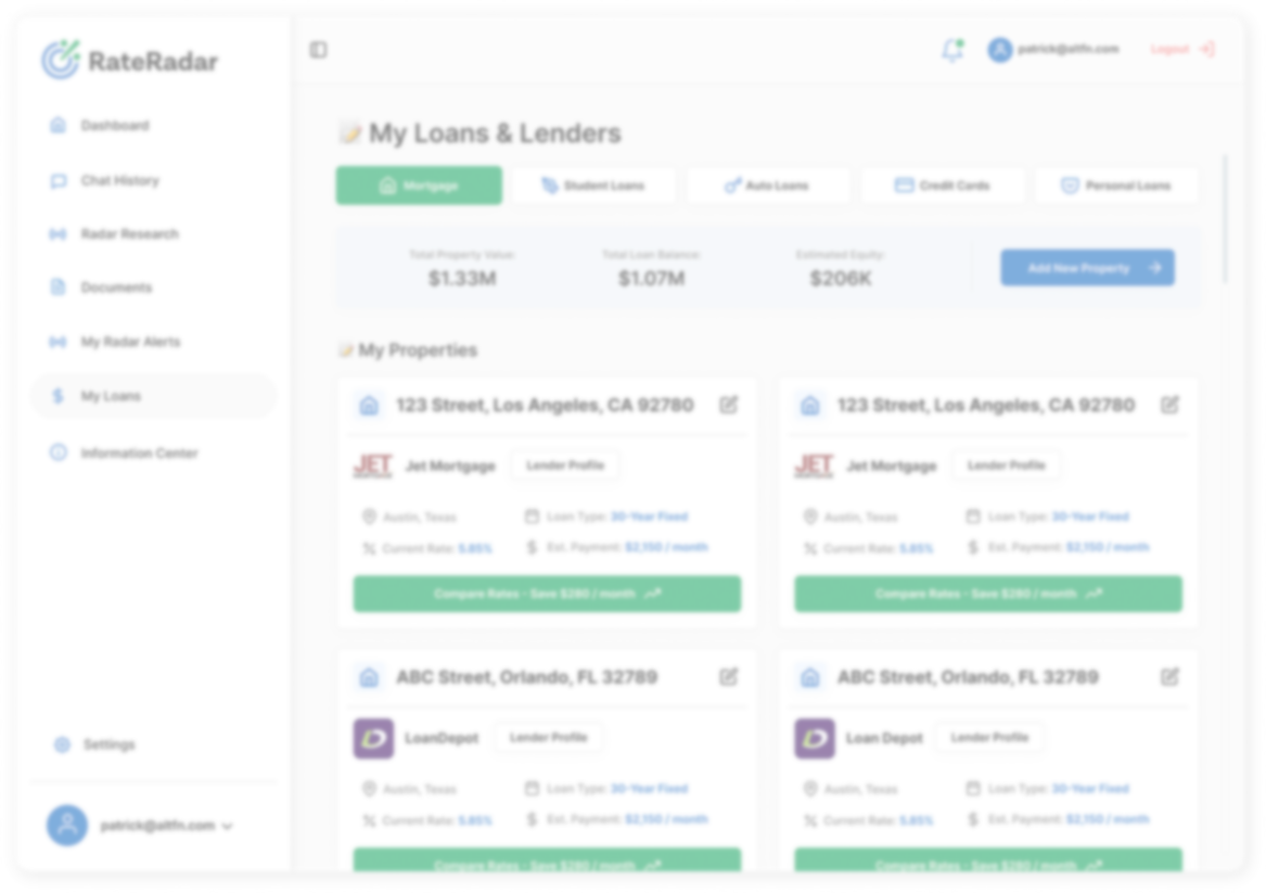 RateRadar consumer dashboard showing loan categories and lender offers