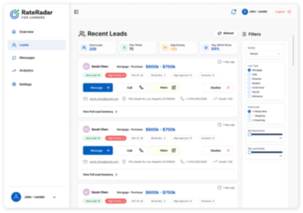 RateRadar Pro lender dashboard listing borrower leads and filters