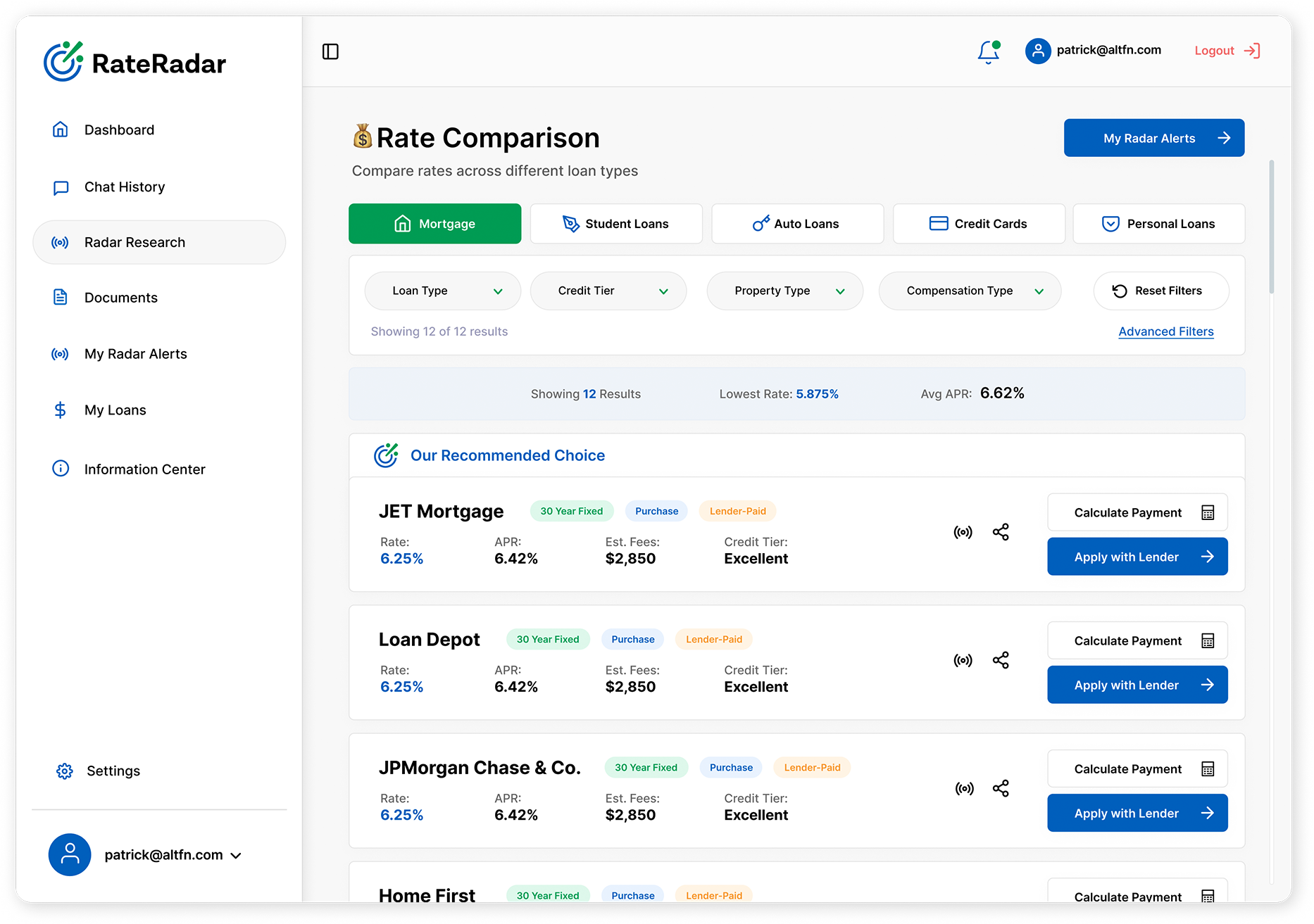 RateRadar rate comparison dashboard with loan offers, rates, APR, and lender options